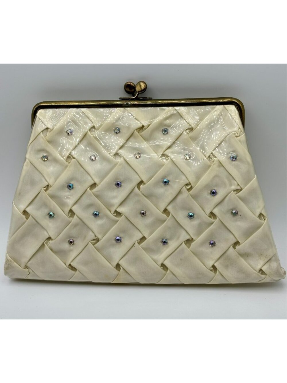 1950s Vinyl Clutch AB Rhinestone Studded Satin-Gold Clasp